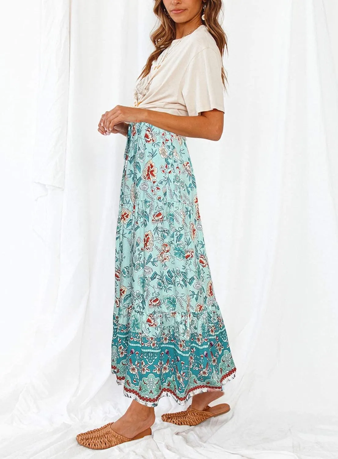 MEROKEETY Women's Boho Floral Print Elastic High Waist Pleated A Line Maxi Skirt