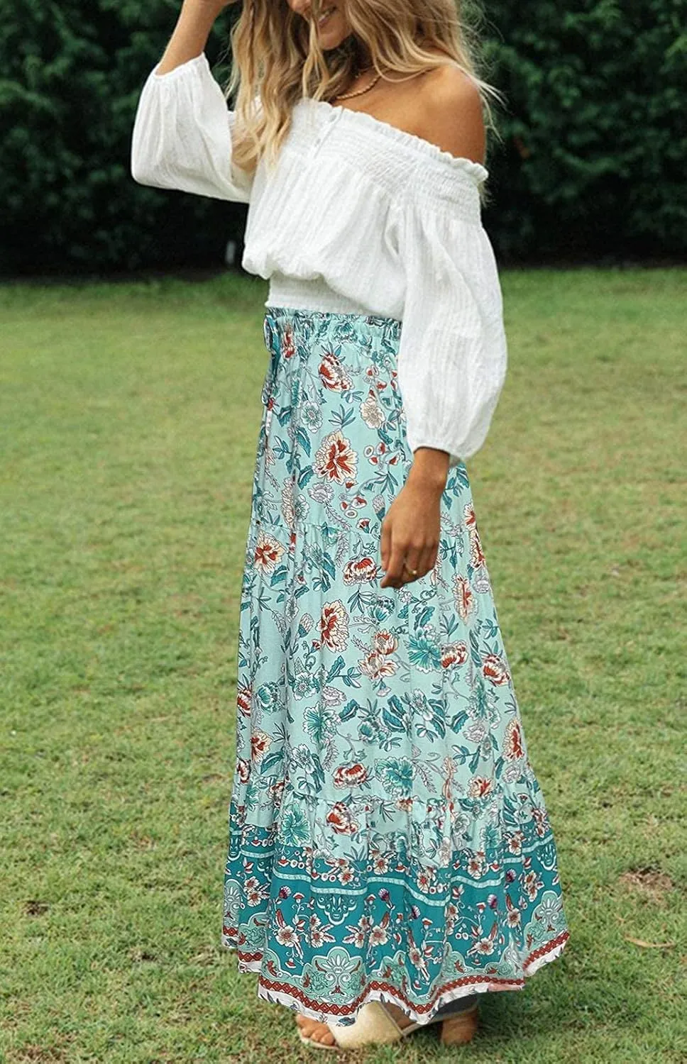 MEROKEETY Women's Boho Floral Print Elastic High Waist Pleated A Line Maxi Skirt