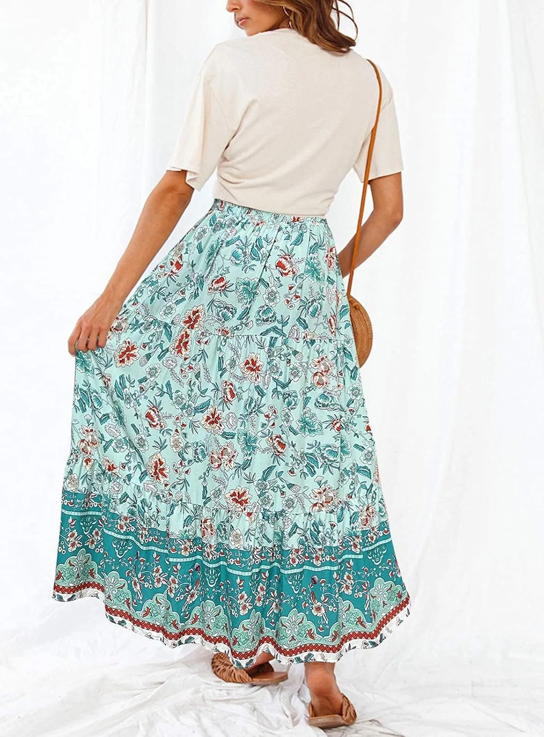 MEROKEETY Women's Boho Floral Print Elastic High Waist Pleated A Line Maxi Skirt