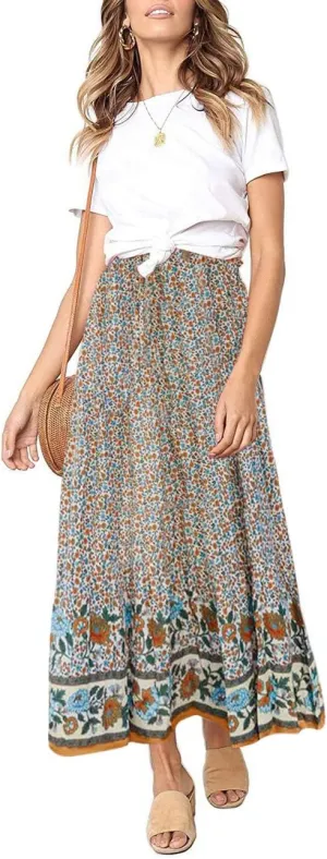 MEROKEETY Women's Boho Floral Print Elastic High Waist Pleated A Line Maxi Skirt