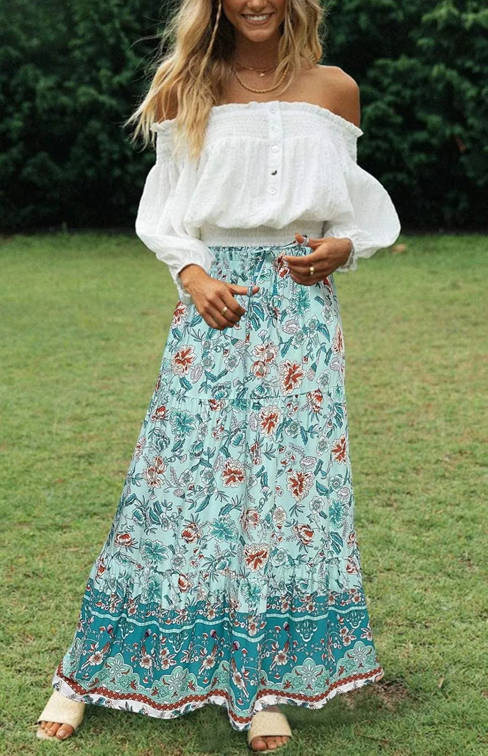 MEROKEETY Women's Boho Floral Print Elastic High Waist Pleated A Line Maxi Skirt
