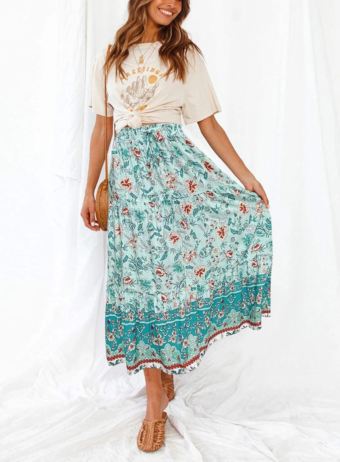 MEROKEETY Women's Boho Floral Print Elastic High Waist Pleated A Line Maxi Skirt