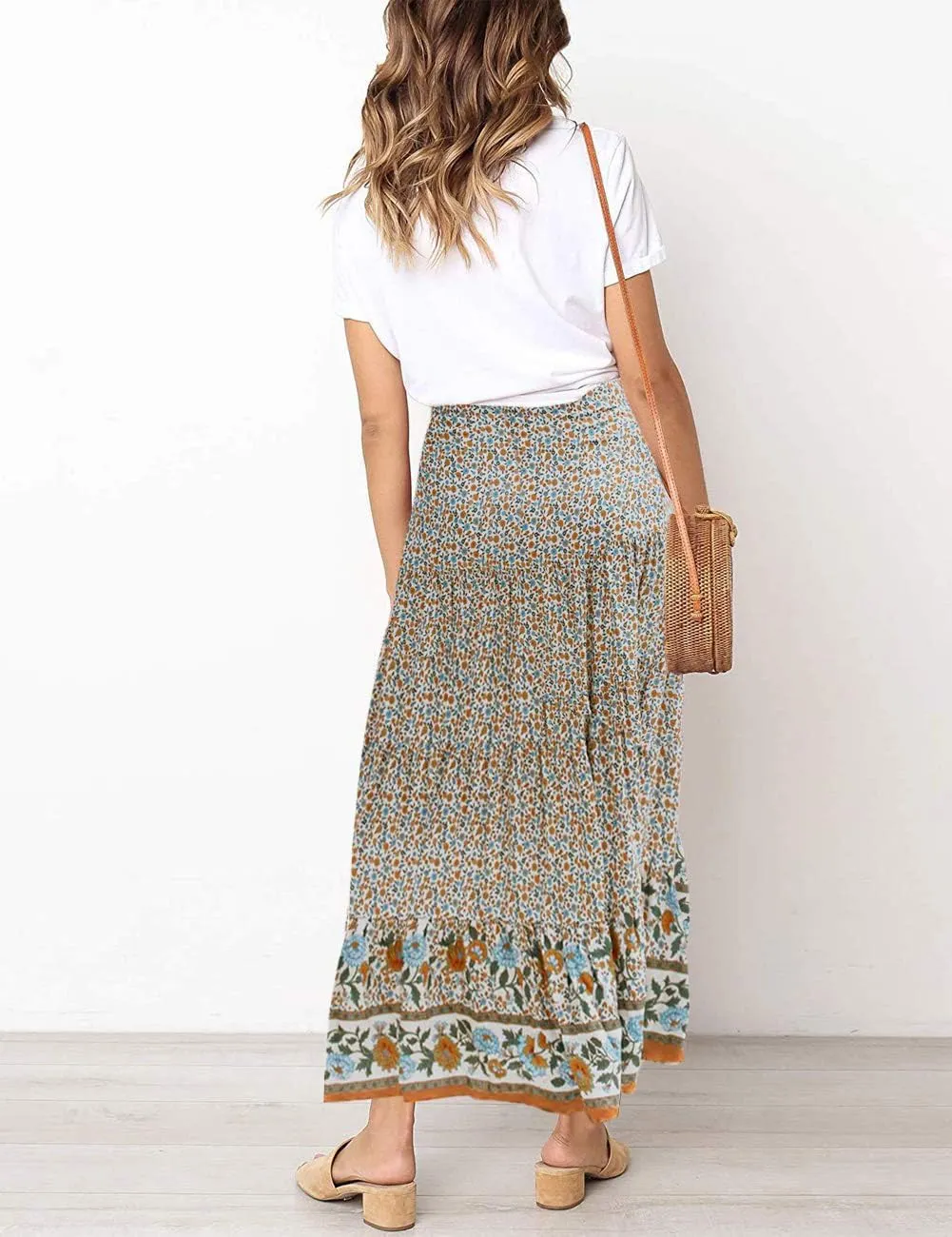 MEROKEETY Women's Boho Floral Print Elastic High Waist Pleated A Line Maxi Skirt