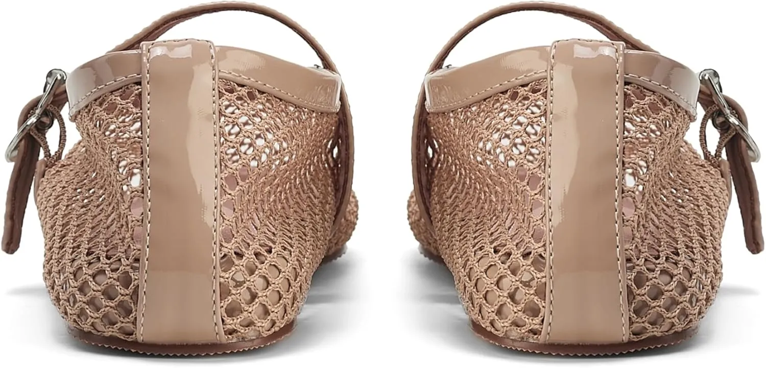 Mesh Ballet Flats for Women Buckle Strap Ballerina Flats Comfy Casual Ballerina Fishnet Mary Jane Flats Daily Dress