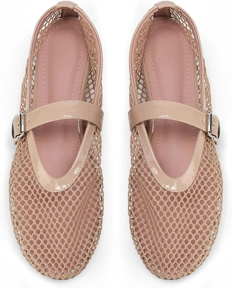 Mesh Ballet Flats for Women Buckle Strap Ballerina Flats Comfy Casual Ballerina Fishnet Mary Jane Flats Daily Dress