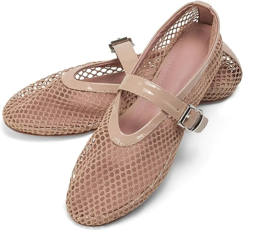 Mesh Ballet Flats for Women Buckle Strap Ballerina Flats Comfy Casual Ballerina Fishnet Mary Jane Flats Daily Dress