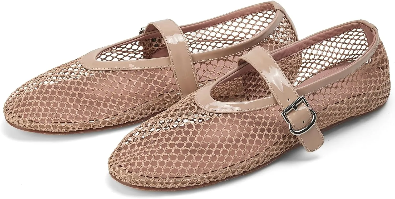Mesh Ballet Flats for Women Buckle Strap Ballerina Flats Comfy Casual Ballerina Fishnet Mary Jane Flats Daily Dress