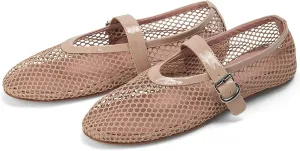 Mesh Ballet Flats for Women Buckle Strap Ballerina Flats Comfy Casual Ballerina Fishnet Mary Jane Flats Daily Dress