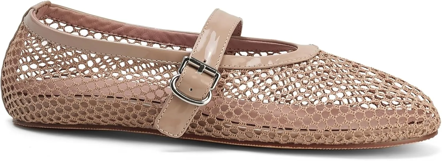 Mesh Ballet Flats for Women Buckle Strap Ballerina Flats Comfy Casual Ballerina Fishnet Mary Jane Flats Daily Dress