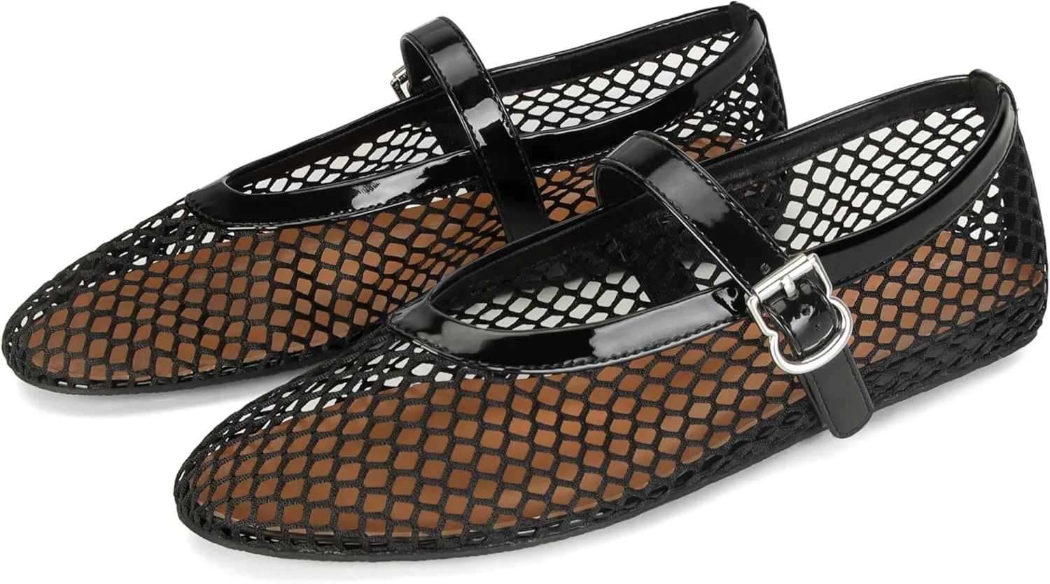 Mesh Ballet Flats for Women Buckle Strap Comfy Casual Office Fishnet Ballerina Flat Shoes