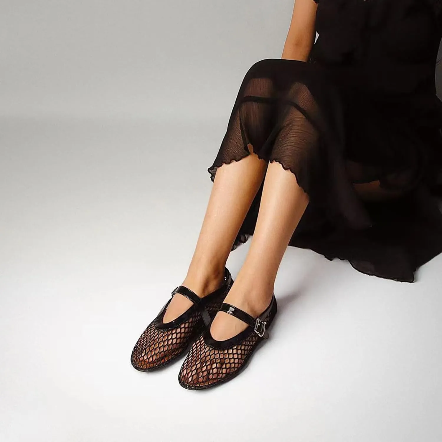 Mesh Ballet Flats for Women Buckle Strap Comfy Casual Office Fishnet Ballerina Flat Shoes
