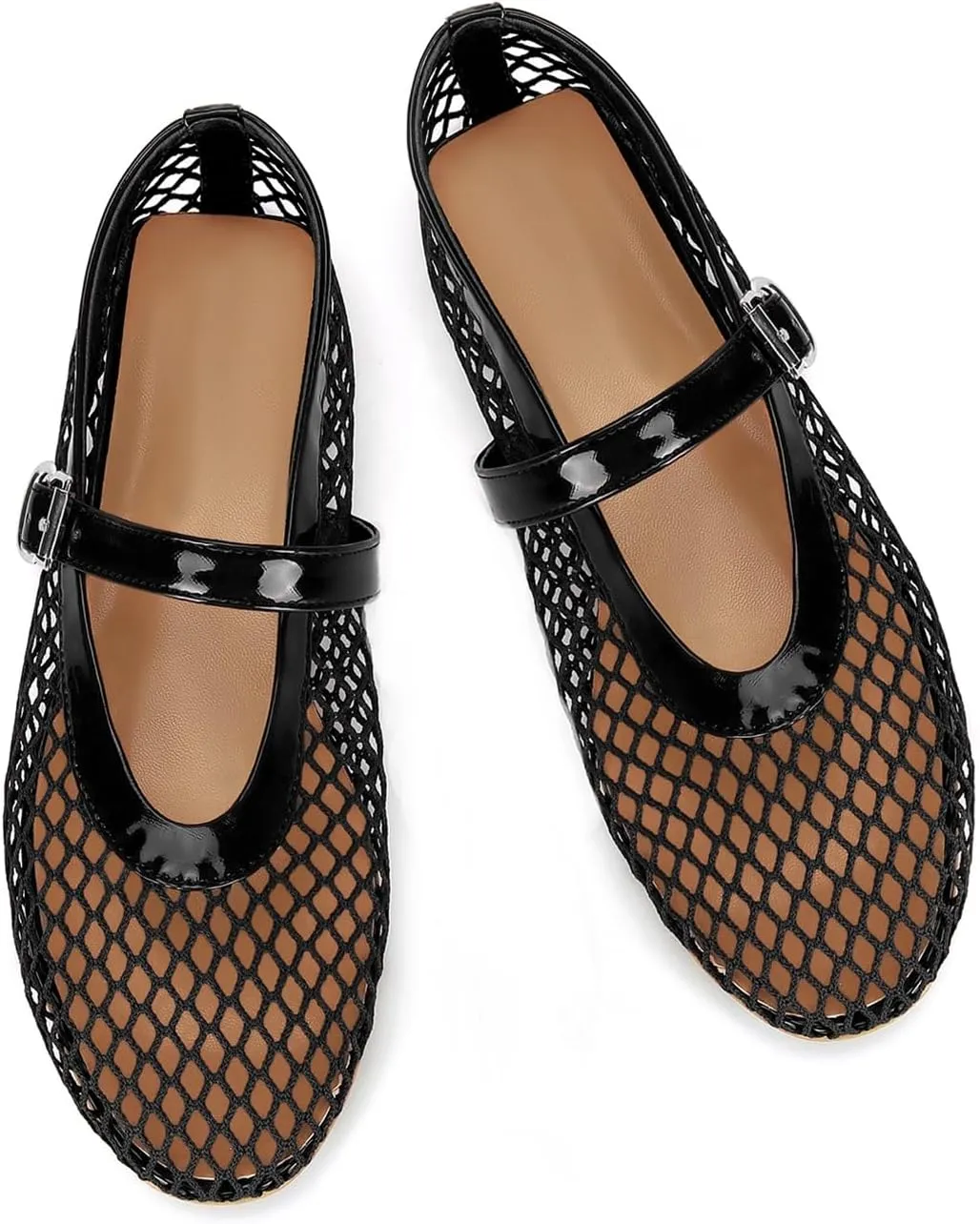 Mesh Ballet Flats for Women Buckle Strap Comfy Casual Office Fishnet Ballerina Flat Shoes