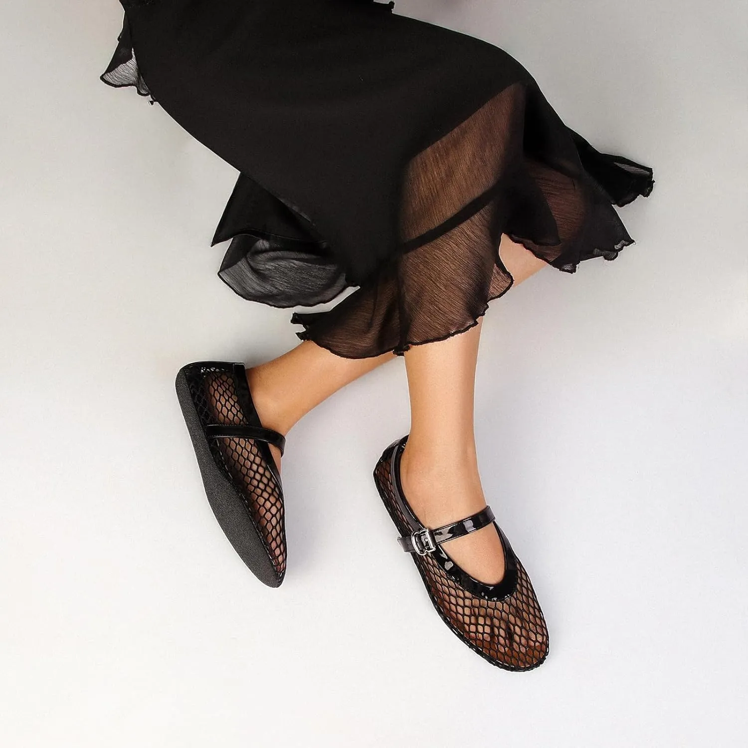 Mesh Ballet Flats for Women Buckle Strap Comfy Casual Office Fishnet Ballerina Flat Shoes
