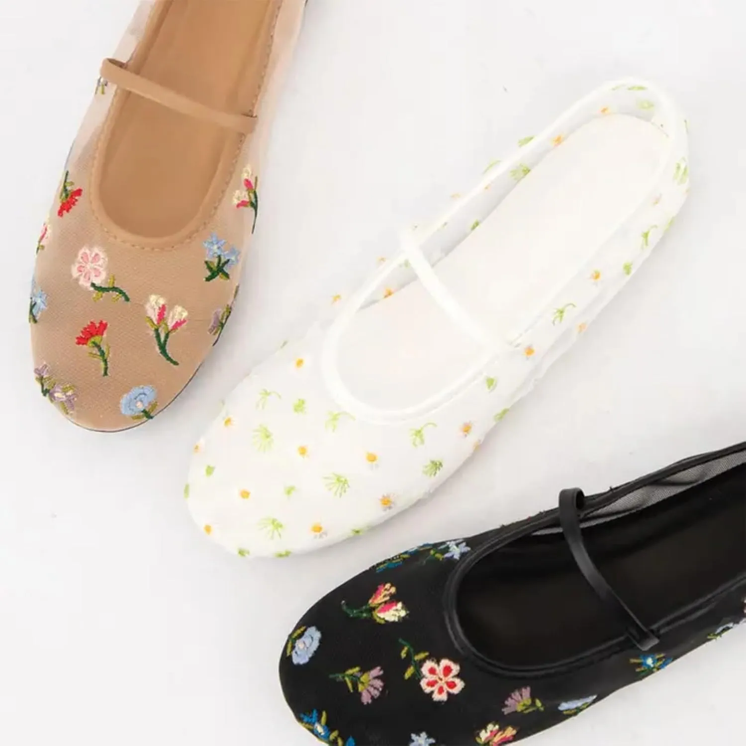 Mesh Ballet Flats for Women Embroidered Floral Mary Jane Flats Comfortable Casual Daily Dress Ballerina Shoes