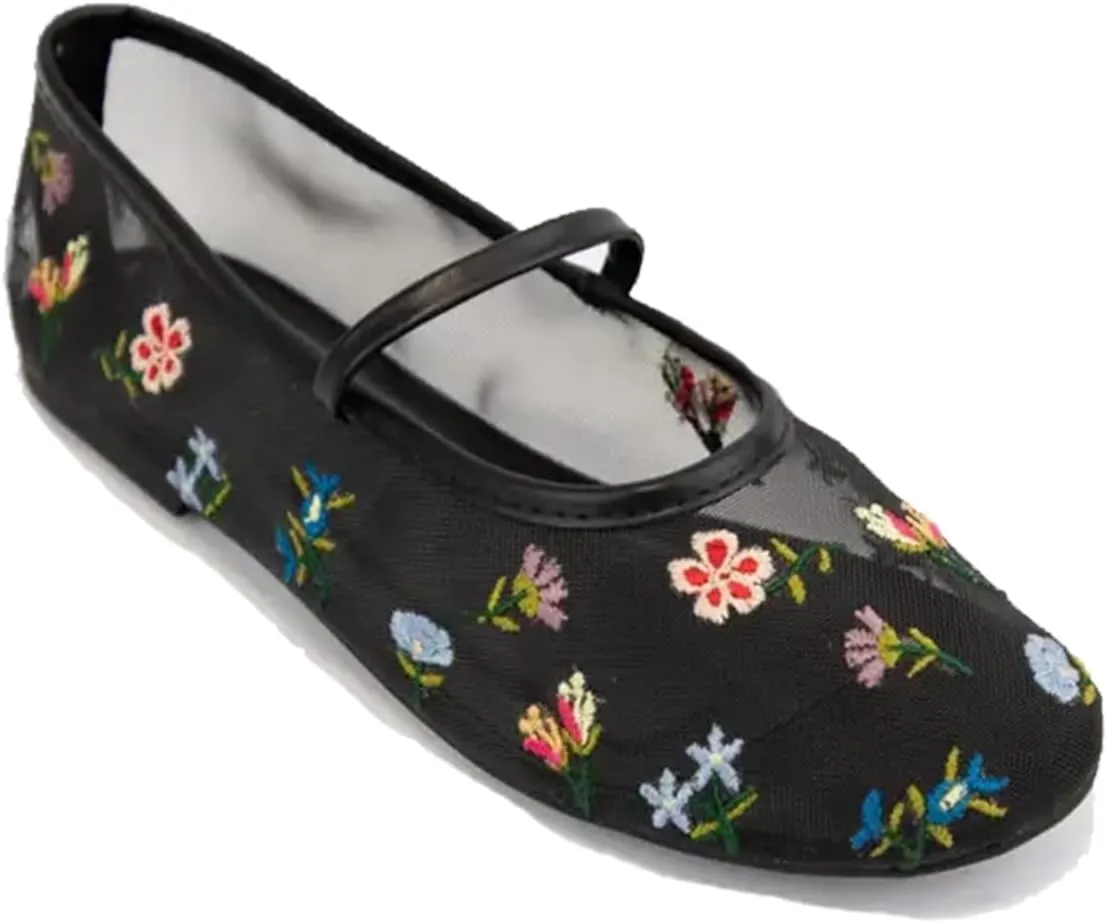 Mesh Ballet Flats for Women Embroidered Floral Mary Jane Flats Comfortable Casual Daily Dress Ballerina Shoes