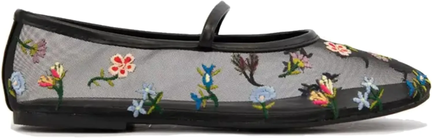 Mesh Ballet Flats for Women Embroidered Floral Mary Jane Flats Comfortable Casual Daily Dress Ballerina Shoes