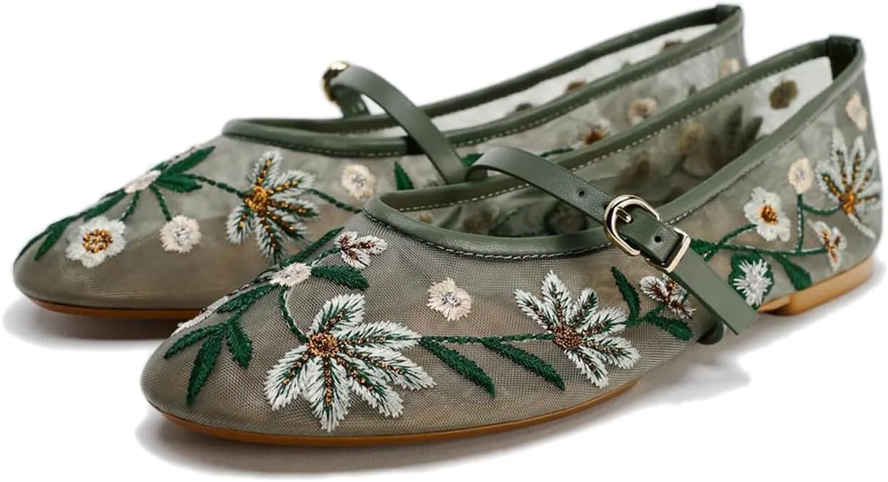 Mesh Ballet Flats for Women Embroidered Floral Mary Jane Flats Round Toe Slip On Ballerina Shoes Comfortable Casual Daily Dress Flat Shoes