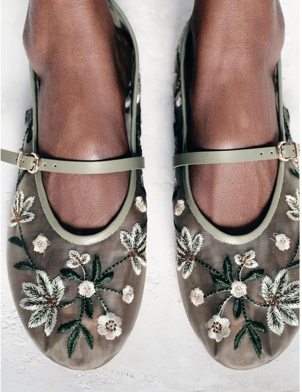 Mesh Ballet Flats for Women Embroidered Floral Mary Jane Flats Round Toe Slip On Ballerina Shoes Comfortable Casual Daily Dress Flat Shoes