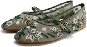 Mesh Ballet Flats for Women Embroidered Floral Mary Jane Flats Round Toe Slip On Ballerina Shoes Comfortable Casual Daily Dress Flat Shoes
