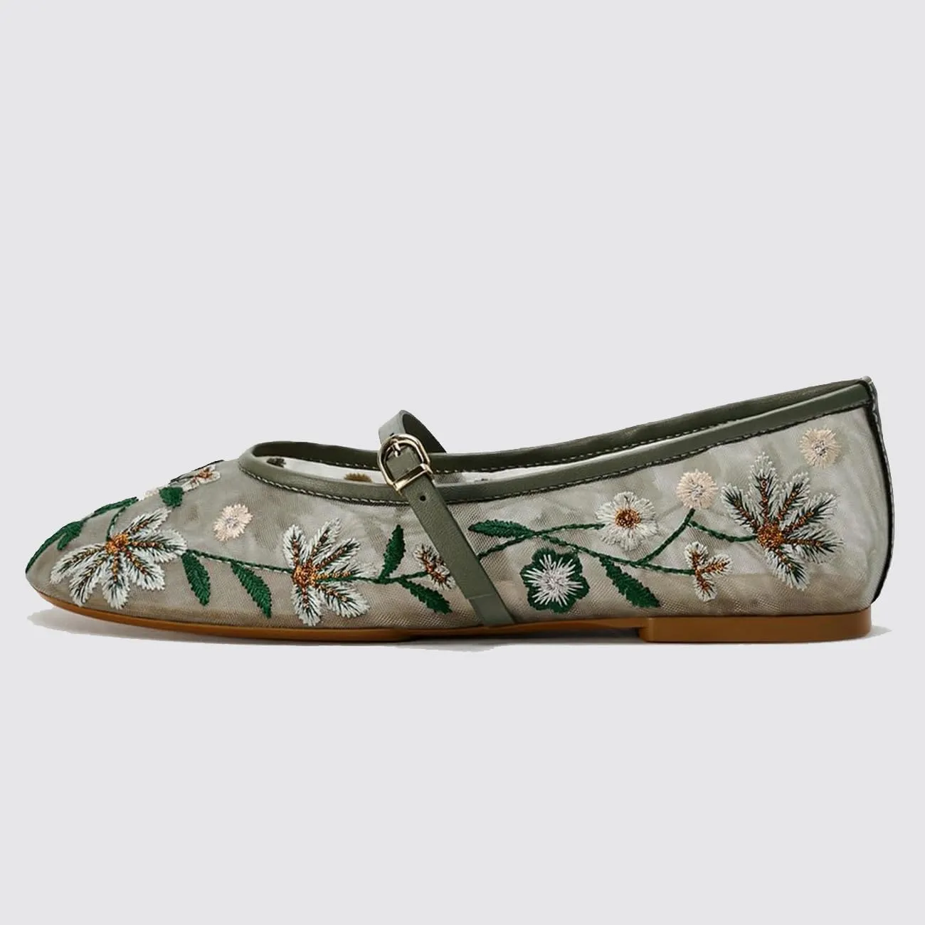 Mesh Ballet Flats for Women Embroidered Floral Mary Jane Flats Round Toe Slip On Ballerina Shoes Comfortable Casual Daily Dress Flat Shoes