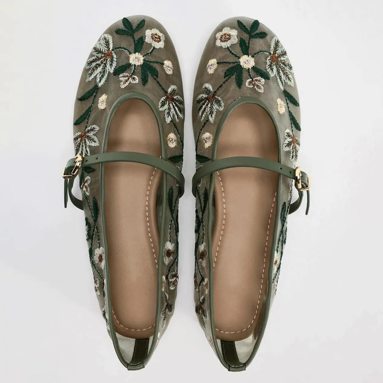 Mesh Ballet Flats for Women Embroidered Floral Mary Jane Flats Round Toe Slip On Ballerina Shoes Comfortable Casual Daily Dress Flat Shoes