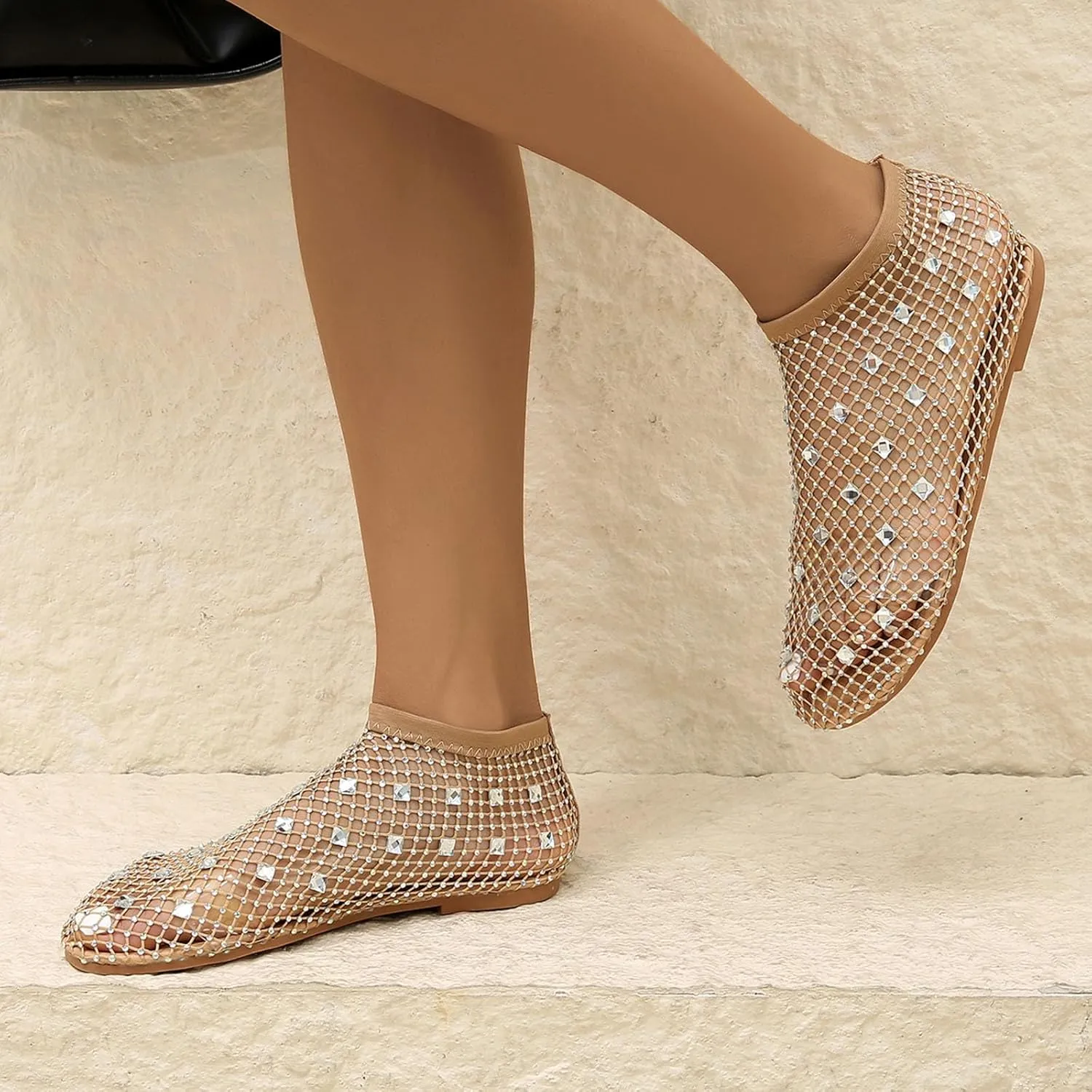 Mesh Flats for Women Comfortable Fishnet Summer Flats Slides Sandals Rhinestone Sandals for Women Dressy Boho Shoes Stiletto High Heel Casual Shoes Breathable