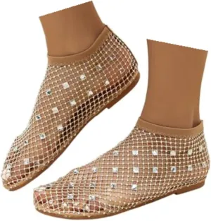 Mesh Flats for Women Comfortable Fishnet Summer Flats Slides Sandals Rhinestone Sandals for Women Dressy Boho Shoes Stiletto High Heel Casual Shoes Breathable