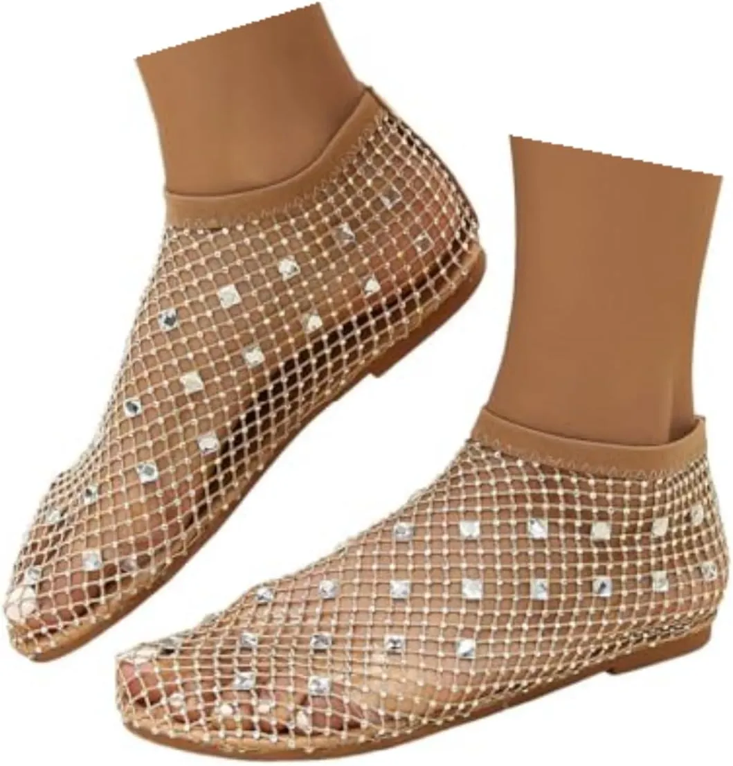Mesh Flats for Women Comfortable Fishnet Summer Flats Slides Sandals Rhinestone Sandals for Women Dressy Boho Shoes Stiletto High Heel Casual Shoes Breathable