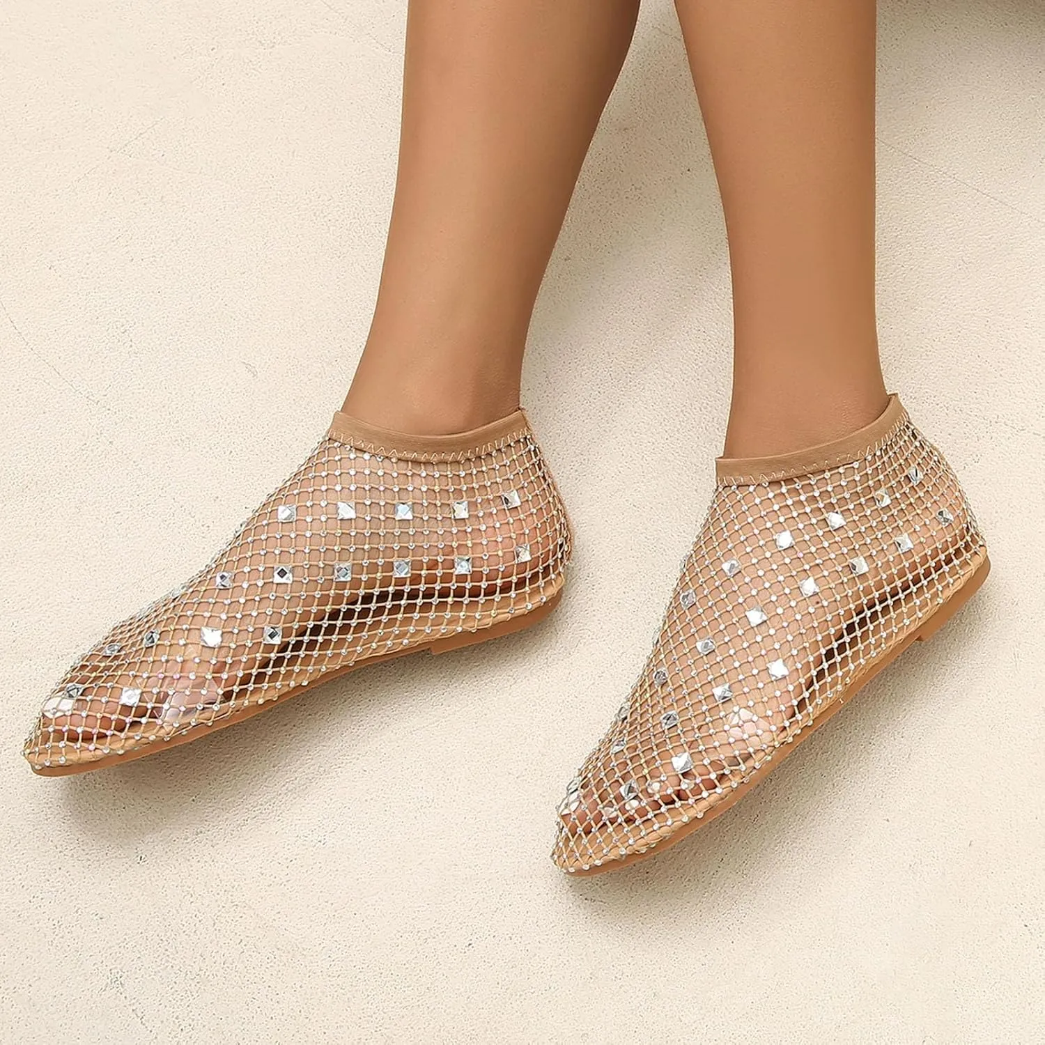Mesh Flats for Women Comfortable Fishnet Summer Flats Slides Sandals Rhinestone Sandals for Women Dressy Boho Shoes Stiletto High Heel Casual Shoes Breathable