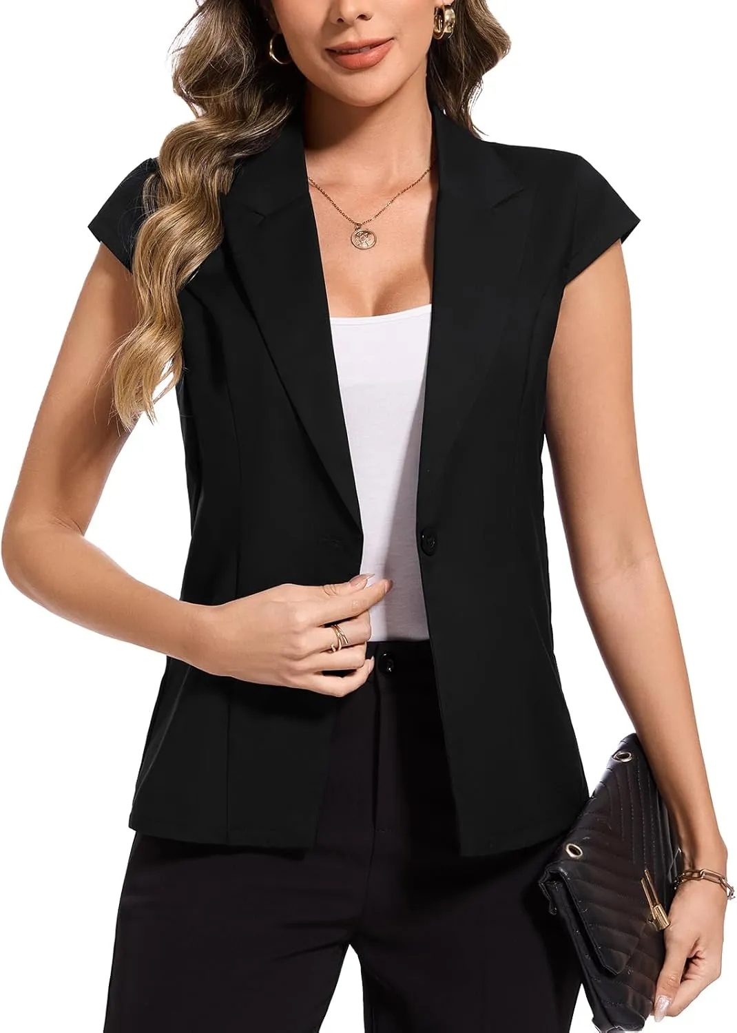 MINTLIMIT Cap Short Sleeve Blazers for Women Dressy Casual Lightweight Button Front Jacket Notch Lapel Work Office Blazer
