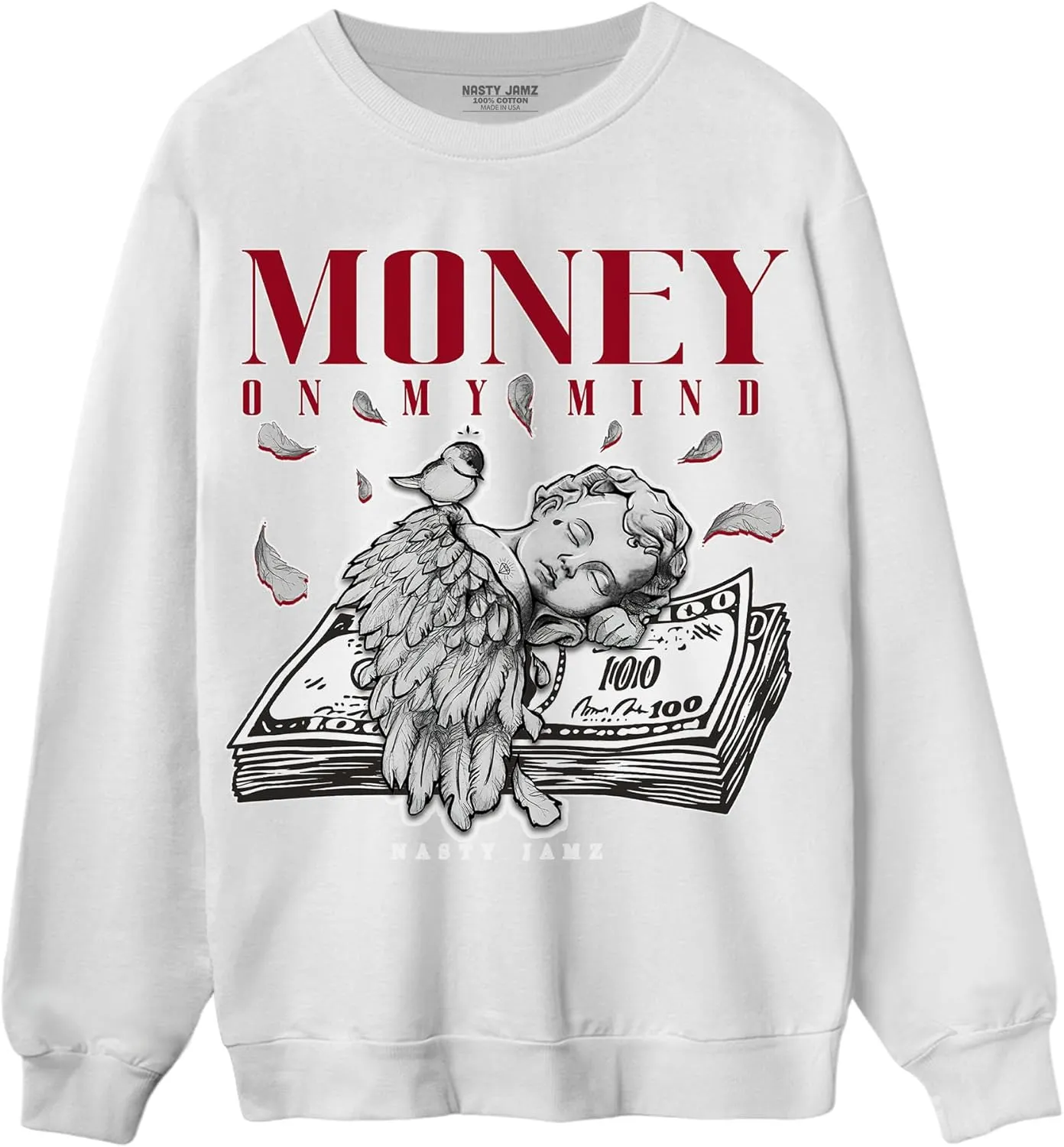 Money On My Mind Angel Sweatshirt To Match 12s Retro Red Taxi - Sneaker Matching Shirt, Unisex Sweater Match Sneakers, Urban Streetwear Clothing, Sneaker Graphic Sweatshirt Design Printed