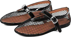 MUCCCUTE Mesh Ballet Flats for Women Mary Jane Flats Ballerina Round Toe Buckle Strap Fishnet Patent Leather Trimmed Comfy Shoes