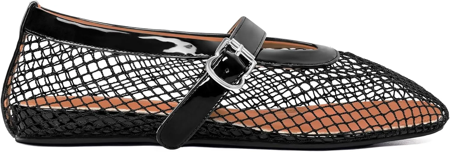 MUCCCUTE Mesh Ballet Flats for Women Mary Jane Flats Ballerina Round Toe Buckle Strap Fishnet Patent Leather Trimmed Comfy Shoes