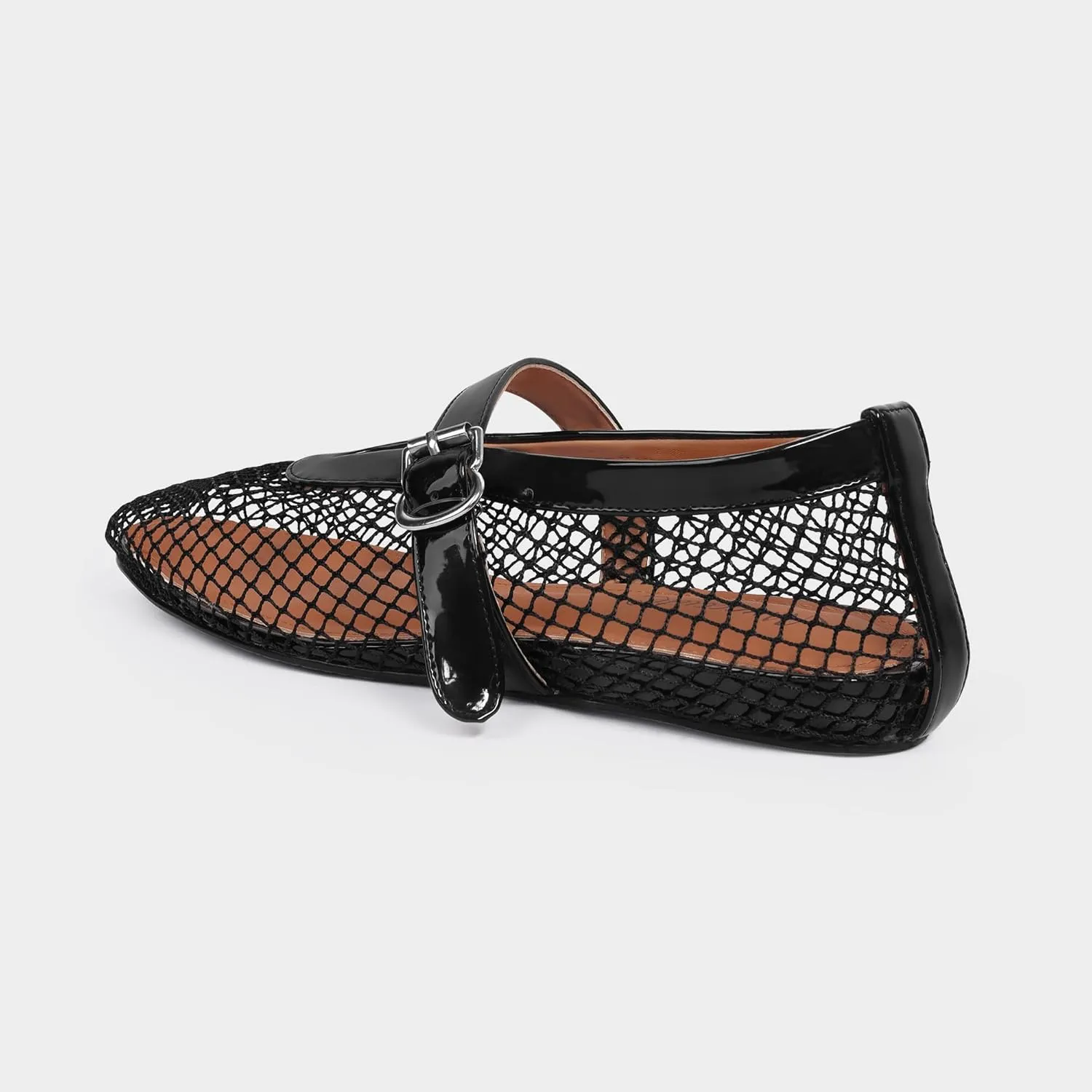 MUCCCUTE Mesh Ballet Flats for Women Mary Jane Flats Ballerina Round Toe Buckle Strap Fishnet Patent Leather Trimmed Comfy Shoes