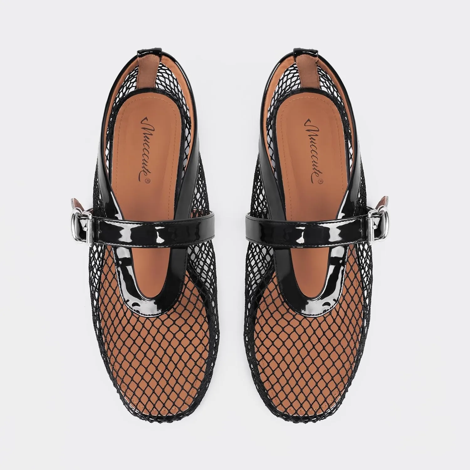MUCCCUTE Mesh Ballet Flats for Women Mary Jane Flats Ballerina Round Toe Buckle Strap Fishnet Patent Leather Trimmed Comfy Shoes