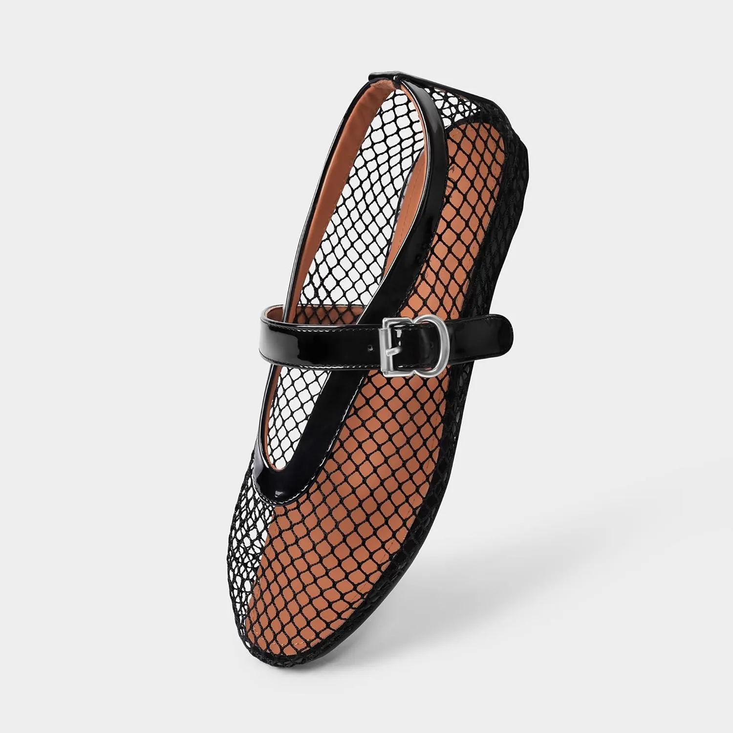 MUCCCUTE Mesh Ballet Flats for Women Mary Jane Flats Ballerina Round Toe Buckle Strap Fishnet Patent Leather Trimmed Comfy Shoes