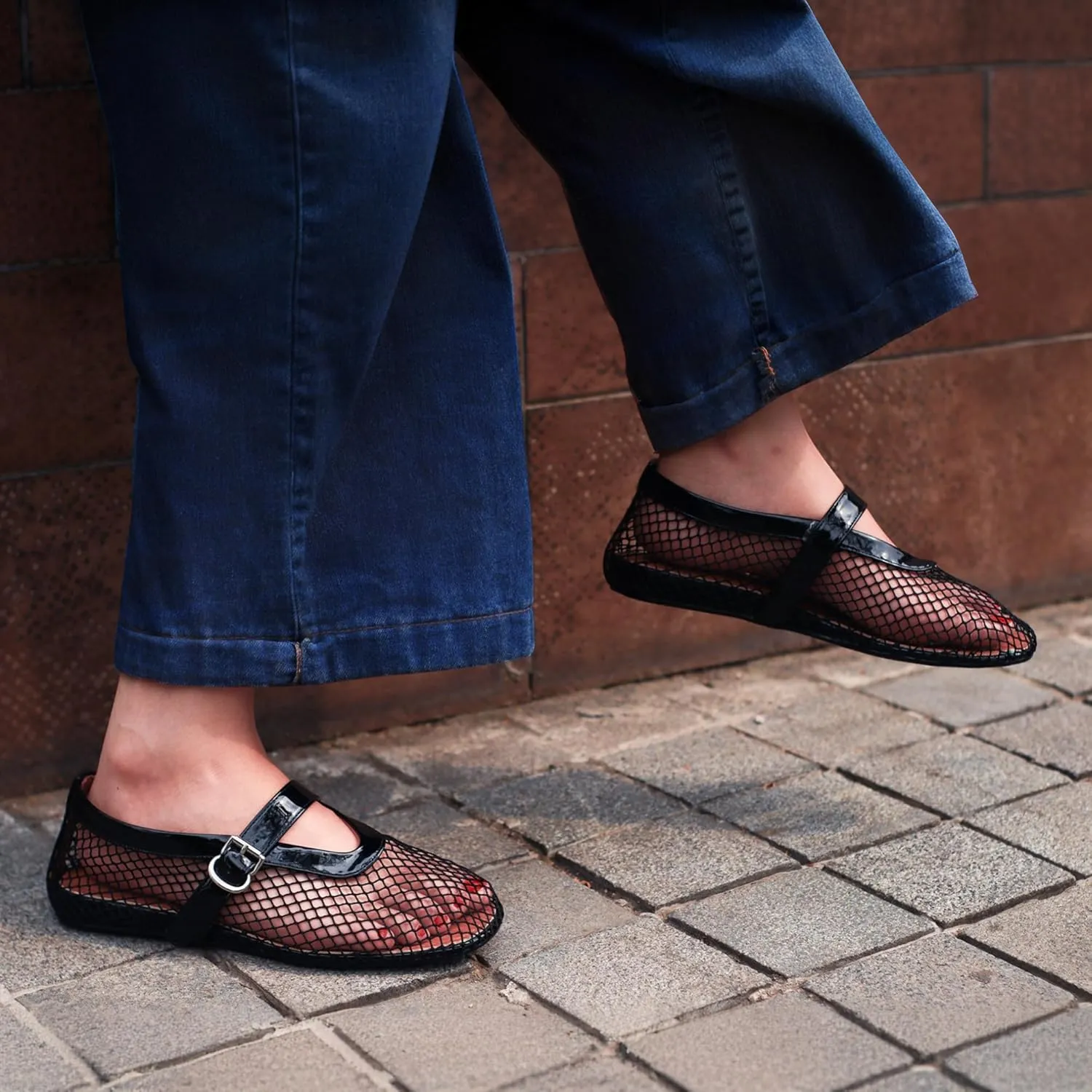 MUCCCUTE Mesh Ballet Flats for Women Mary Jane Flats Ballerina Round Toe Buckle Strap Fishnet Patent Leather Trimmed Comfy Shoes