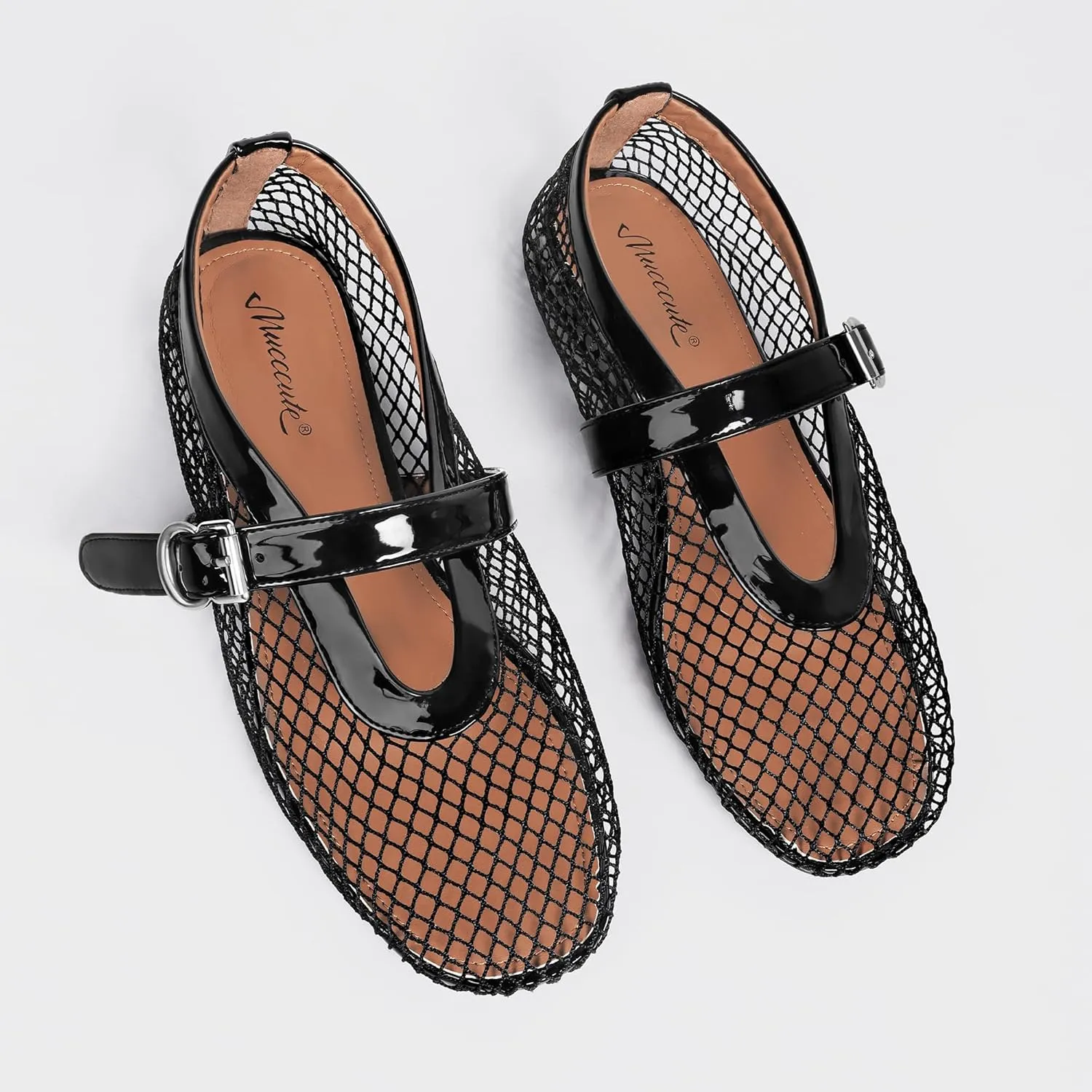 MUCCCUTE Mesh Ballet Flats for Women Mary Jane Flats Ballerina Round Toe Buckle Strap Fishnet Patent Leather Trimmed Comfy Shoes