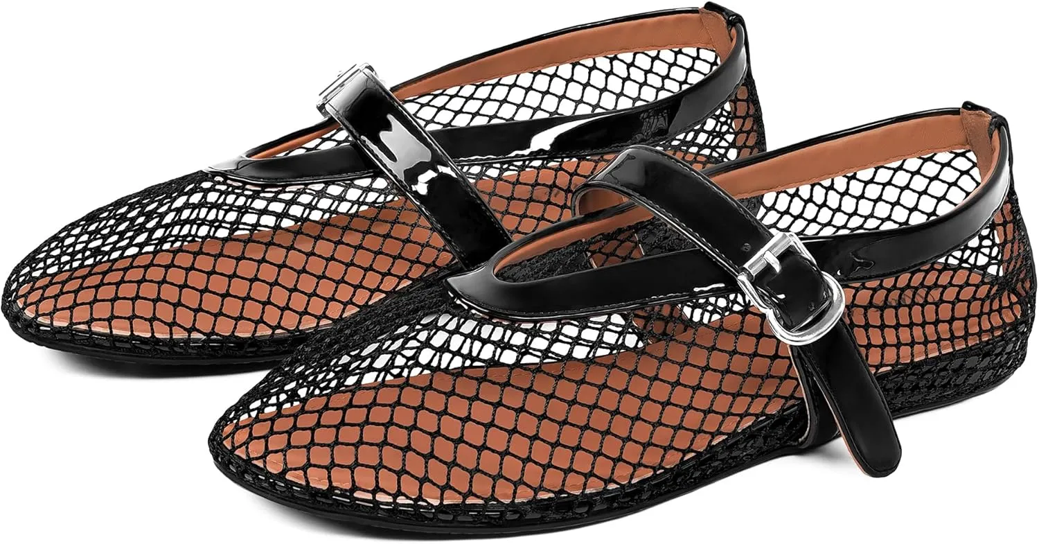 MUCCCUTE Mesh Ballet Flats for Women Mary Jane Flats Ballerina Round Toe Buckle Strap Fishnet Patent Leather Trimmed Comfy Shoes
