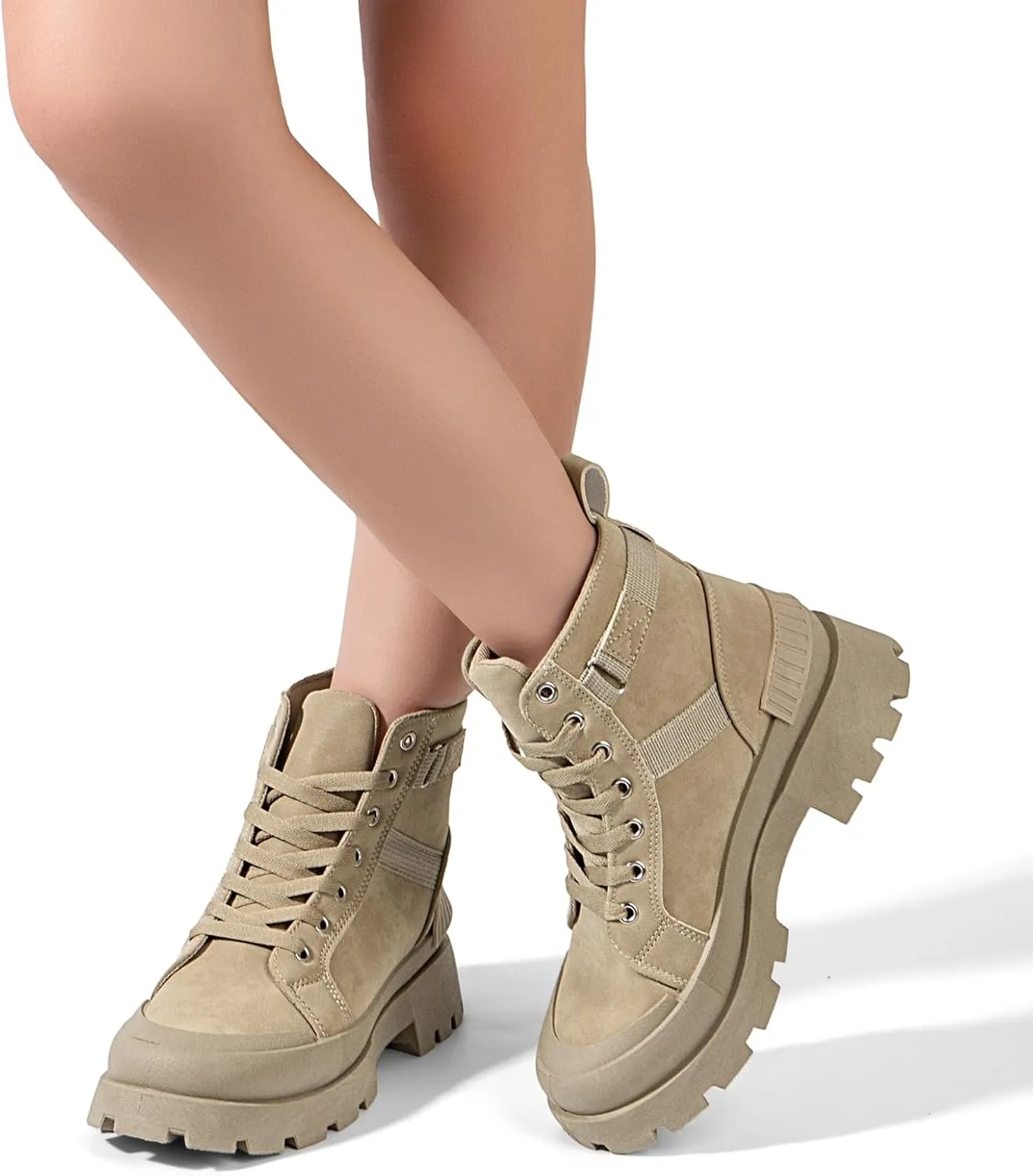 MUSSHOE Womens Combat Boots Fashion Ankle Boots for Women Lace up Heel Lug Sole