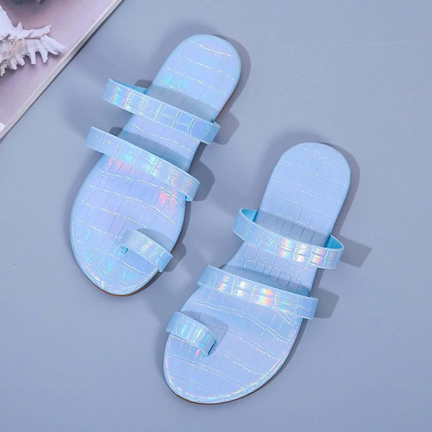 oiangi Colorful Straps Sandals for Women Trendy Casual Toe Ring Open Toe Slip-on Flats Slippers Lightweight Comfortable Beach Home Shoes Flip Flops