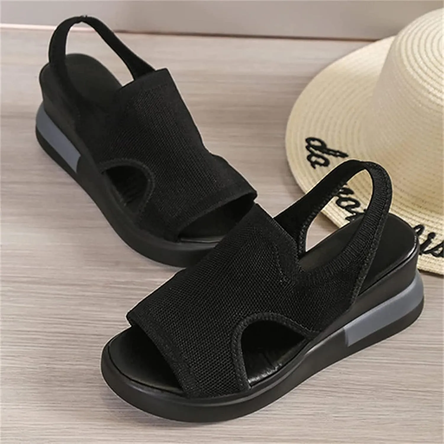 OMIREL Womens Wedge Flip Flops Sandals with Arch Support Summer Comfortable Platform Knit Fish Mouth Shoes Open Toe Elastic Ankle Strap Mesh Orthopedic Beach Sandals Shoes,Black,EU35/US4.5