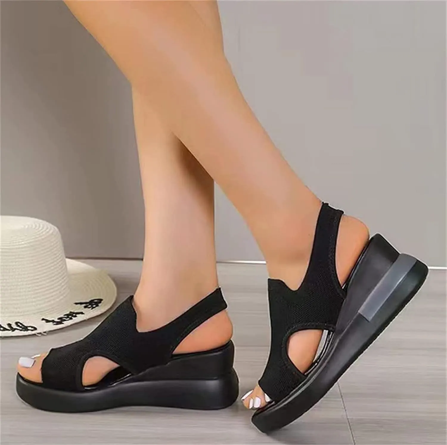 OMIREL Womens Wedge Flip Flops Sandals with Arch Support Summer Comfortable Platform Knit Fish Mouth Shoes Open Toe Elastic Ankle Strap Mesh Orthopedic Beach Sandals Shoes,Black,EU35/US4.5