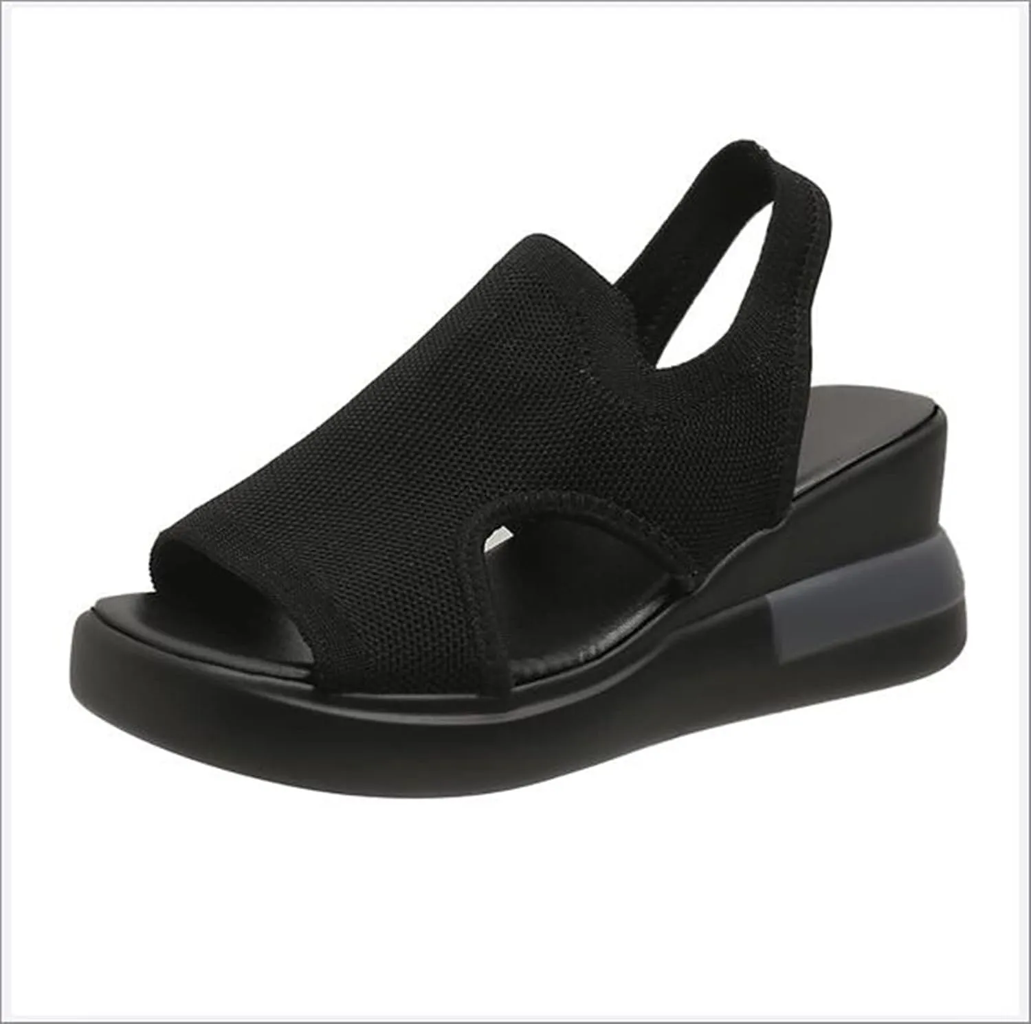 OMIREL Womens Wedge Flip Flops Sandals with Arch Support Summer Comfortable Platform Knit Fish Mouth Shoes Open Toe Elastic Ankle Strap Mesh Orthopedic Beach Sandals Shoes,Black,EU35/US4.5