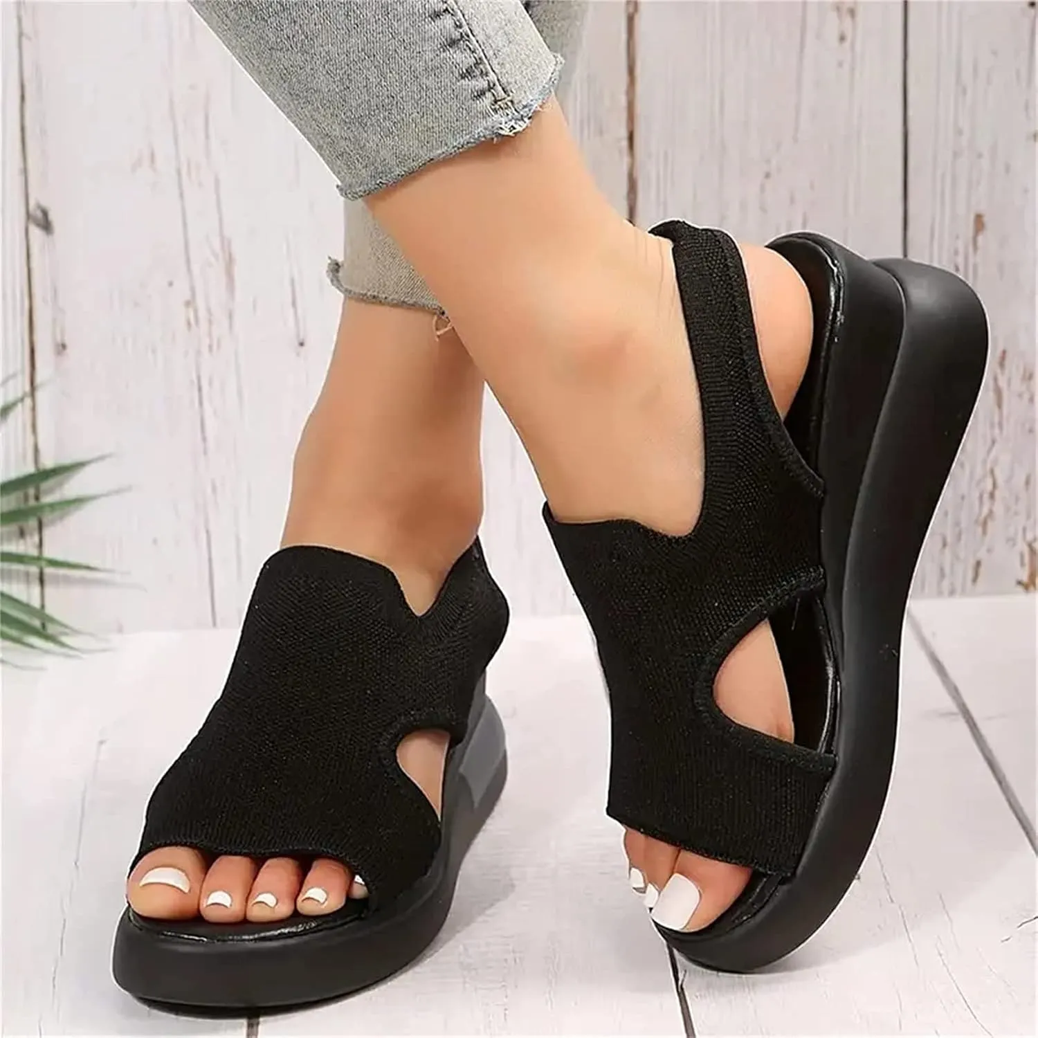 OMIREL Womens Wedge Flip Flops Sandals with Arch Support Summer Comfortable Platform Knit Fish Mouth Shoes Open Toe Elastic Ankle Strap Mesh Orthopedic Beach Sandals Shoes,Black,EU35/US4.5