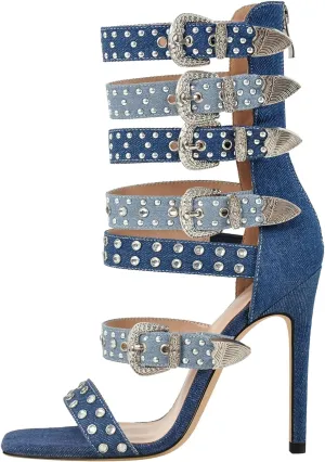 onlymaker Square Toe Rhinestone Beaded Zip up Stiletto Heeled Sandals for Women Multi Rivet Studded Buckle Bands Summer Sandals