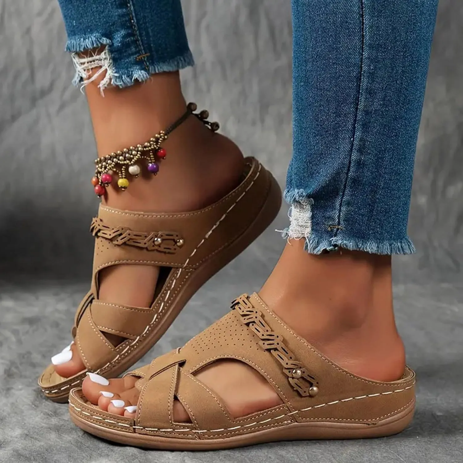 Orthopedic Sandals for Women Arch Support, Women Dressy Comfortable Slip On Flat Sandals Open Toe Memory Foam Wedges Casual Walking Sandal Boho Beach Summer Slide Sandal