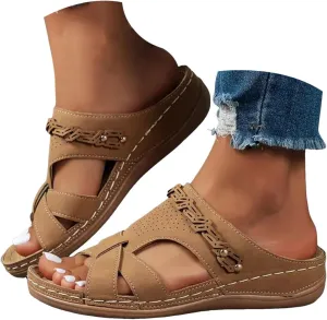 Orthopedic Sandals for Women Arch Support, Women Dressy Comfortable Slip On Flat Sandals Open Toe Memory Foam Wedges Casual Walking Sandal Boho Beach Summer Slide Sandal