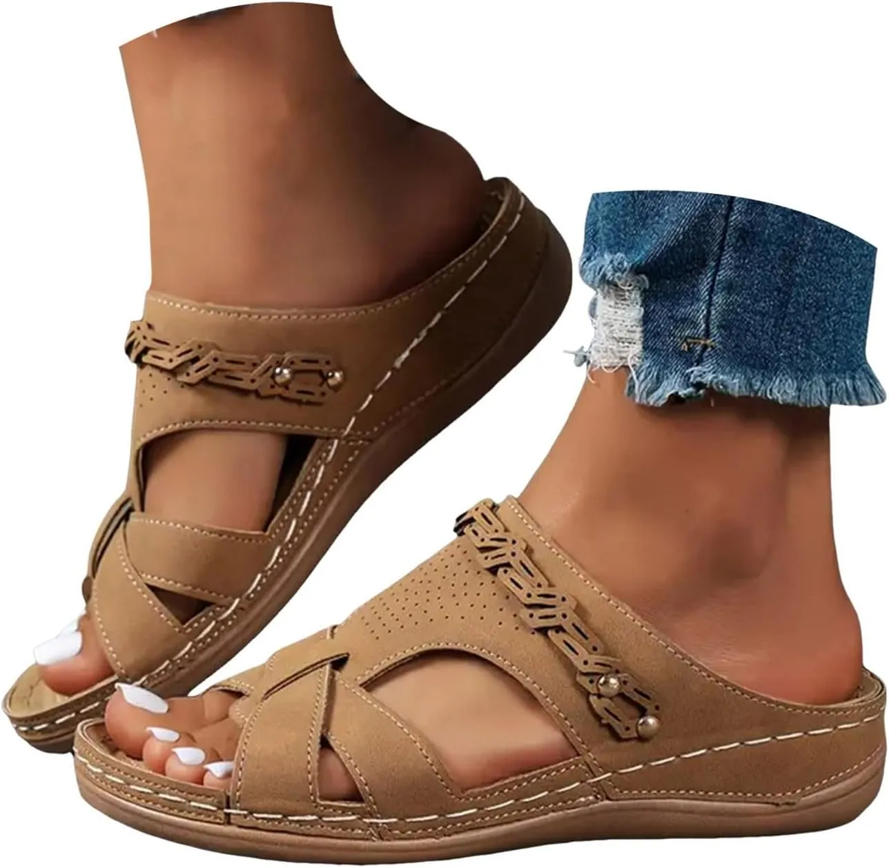 Orthopedic Sandals for Women Arch Support, Women Dressy Comfortable Slip On Flat Sandals Open Toe Memory Foam Wedges Casual Walking Sandal Boho Beach Summer Slide Sandal