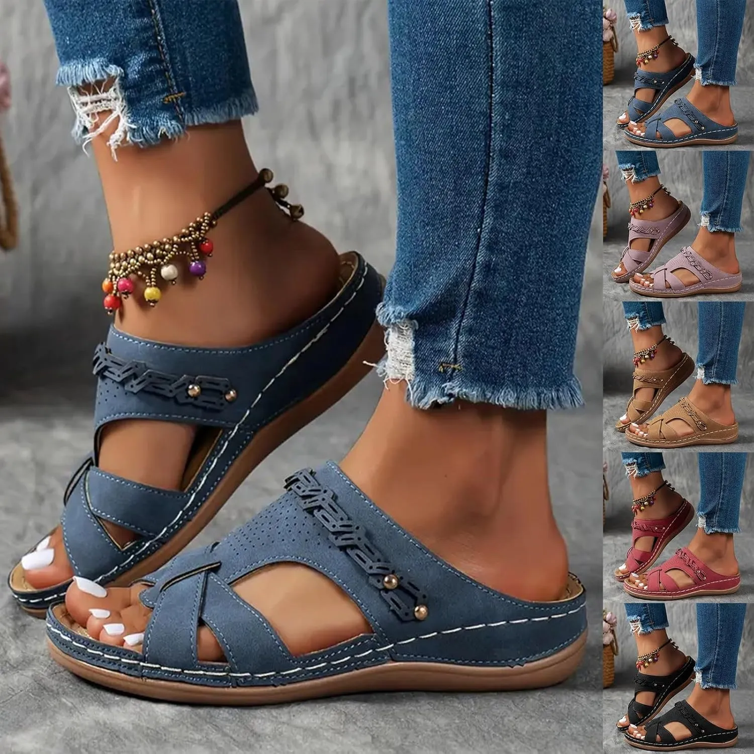 Orthopedic Sandals for Women Arch Support, Women Dressy Comfortable Slip On Flat Sandals Open Toe Memory Foam Wedges Casual Walking Sandal Boho Beach Summer Slide Sandal